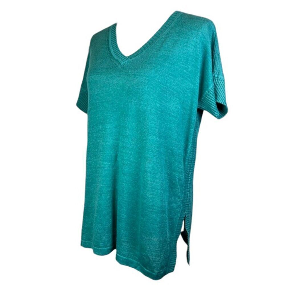 Lafayette 148 Linen Lightweight V-Neck Pullover Knit Top Teal Green Small